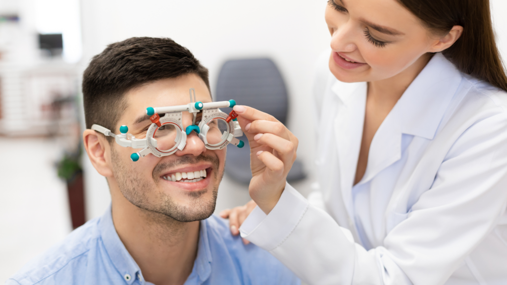 Patient getting an evaluation from an eye doctor